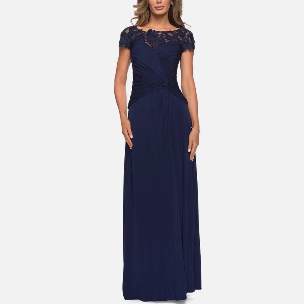 La‎ Femme 28029 Illusion Yoke Jersey Gown XL Navy